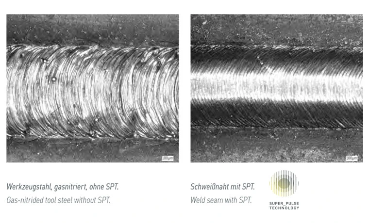 Super Pulse Technology (SPT) 5 laser welding with SPT vs without