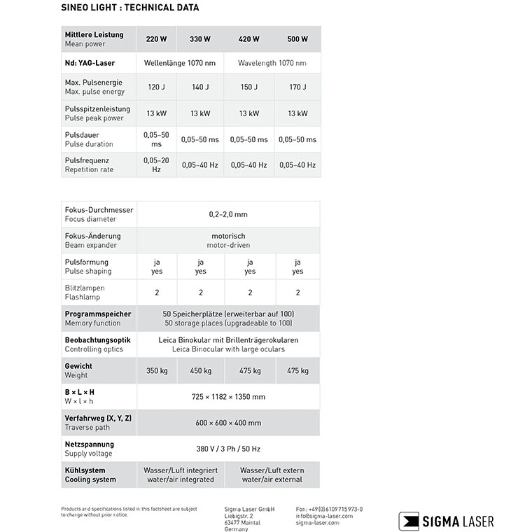 Sineo Light 9 laser welding machine sineo light technical data